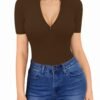 Womens Long Sleeve Tops Mock Turtle Neck Zip Up Short Sleeve Ribbed Deep V Sexy Casual Shirts