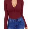 Womens Long Sleeve Tops Mock Turtle Neck Zip Up Short Sleeve Ribbed Deep V Sexy Casual Shirts