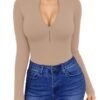 Womens Long Sleeve Tops Mock Turtle Neck Zip Up Short Sleeve Ribbed Deep V Sexy Casual Shirts