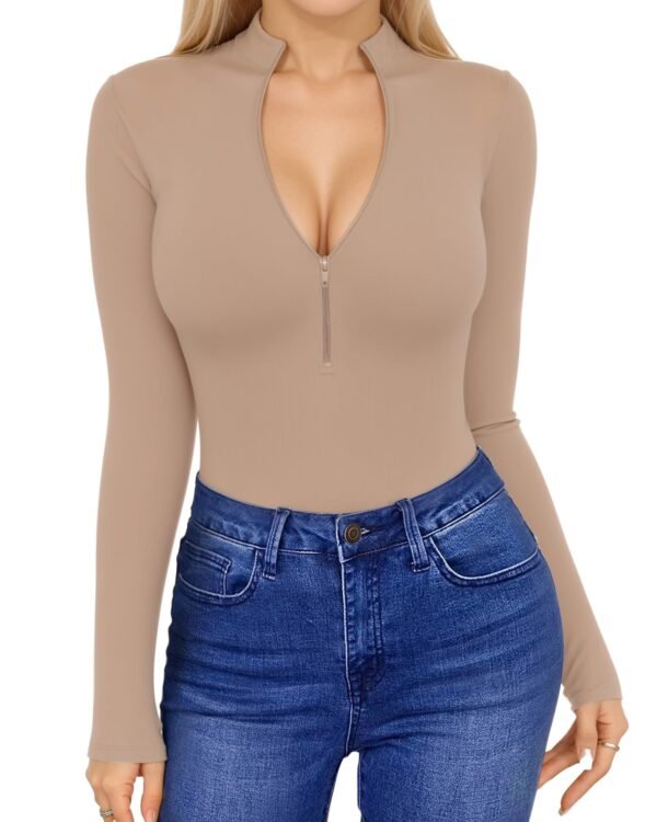 Womens Long Sleeve Tops Mock Turtle Neck Zip Up Short Sleeve Ribbed Deep V Sexy Casual Shirts