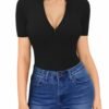 Womens Long Sleeve Tops Mock Turtle Neck Zip Up Short Sleeve Ribbed Deep V Sexy Casual Shirts