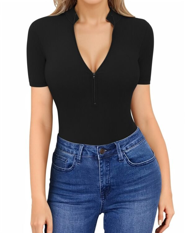 Womens Long Sleeve Tops Mock Turtle Neck Zip Up Short Sleeve Ribbed Deep V Sexy Casual Shirts