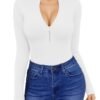 Womens Long Sleeve Tops Mock Turtle Neck Zip Up Short Sleeve Ribbed Deep V Sexy Casual Shirts