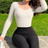 European and American V-Neck Square Bodysuit Women's Threaded Long Sleeve Bodysuit Jumpsuit