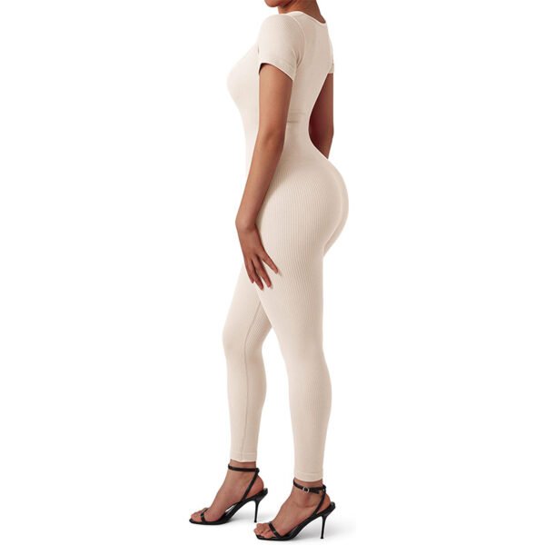 Womens Yoga Jumpsuits Ribbed One Piece Workout Short Sleeve Tops Exercise Jumpsuits