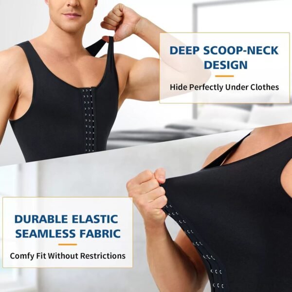 Men's body shaping bodysuit vest with button-down crotch-less waist and tummy-tightening body shaping bodysuit