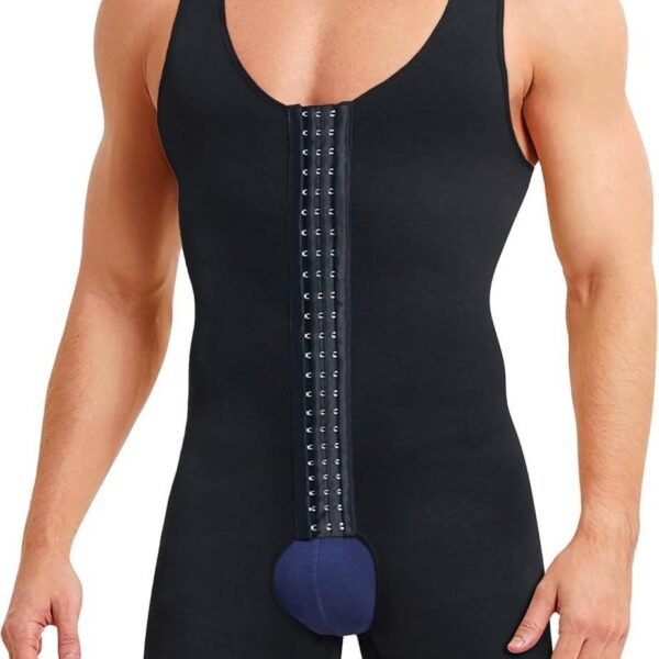 Men's body shaping bodysuit vest with button-down crotch-less waist and tummy-tightening body shaping bodysuit