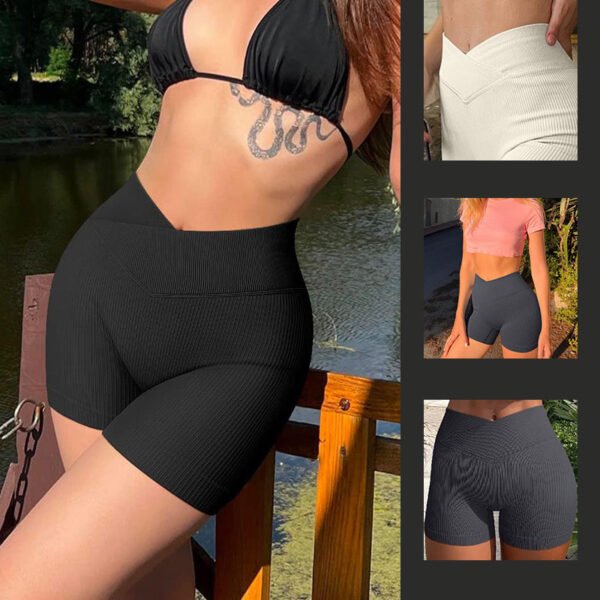 Women's High-Waisted Ribbed Yoga Shorts Breathable Polyester Sporty Exercise Tights Skinny Hot Pants Short for Women