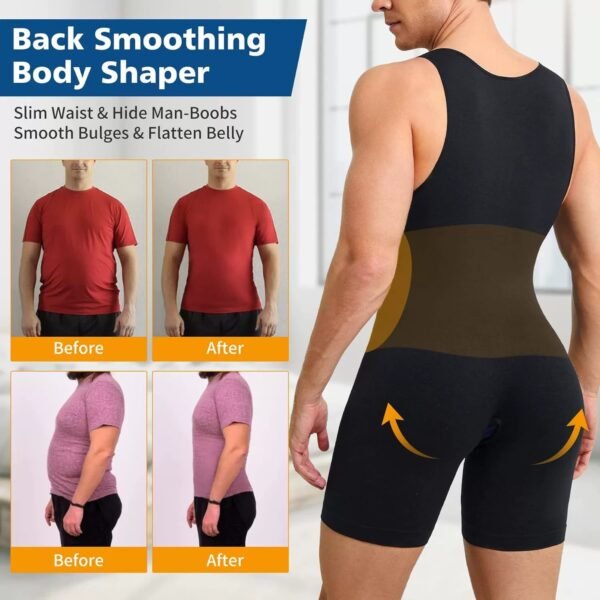 Men's body shaping bodysuit vest with button-down crotch-less waist and tummy-tightening body shaping bodysuit