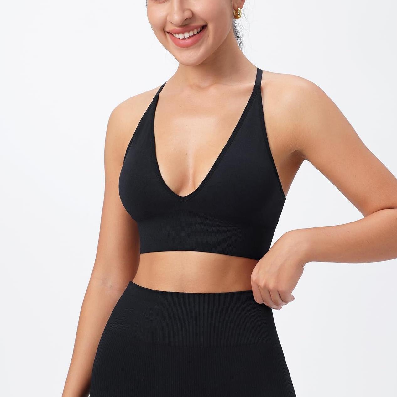 61K7sgqj-8L Women's Sports Bras Adjustable Deep V Neck Bras Wireless Spaghetti Strap Criss Cross Padded Low Support Sexy Bras