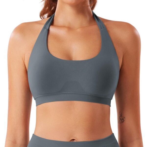 71NoHt1bd2L Women Workout Impact Bras Medium Low Support Halter Sports Bras Seamless Open Back Gym Padded Yoga Crop Top