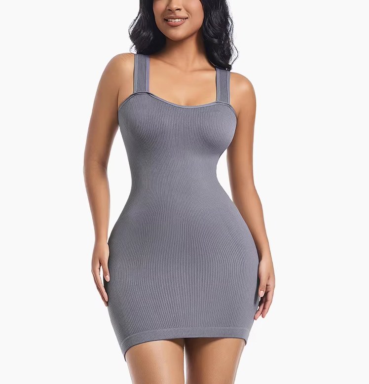 a1f50f50-5399-4a6e-ab34-6ca53cd0b0d8 Seamless Ribbed-knit Dress Abdomen Tummy Control Shaper Wide Strap Solid Color Tight Skirt